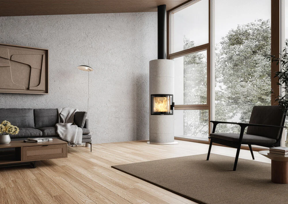 Jasny piec akumulacyjny w minimalistycznym salonie